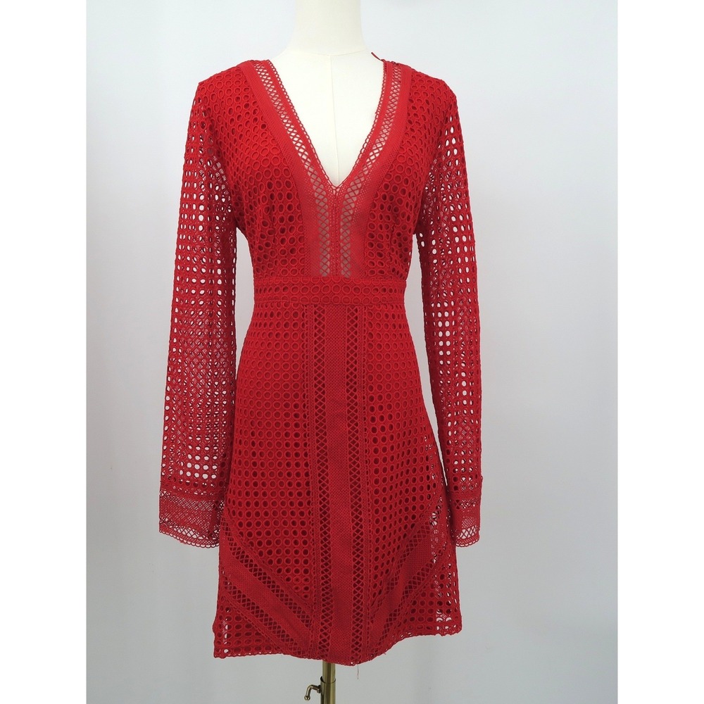 ASTR The Label Red Lace Eyelet V-Neck Long Sleeve Mini Dress XL